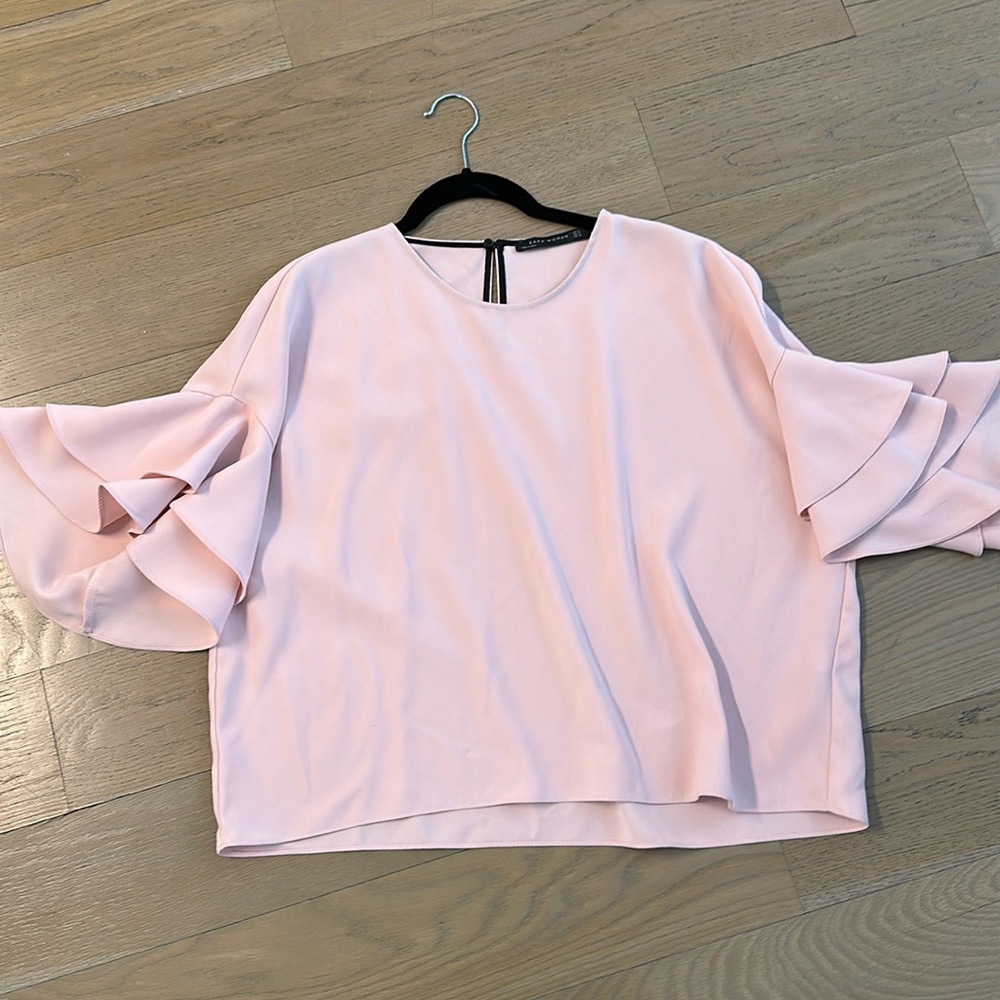 Zara pink light blush top with 1/2 or 3/4 ruffle sleeves